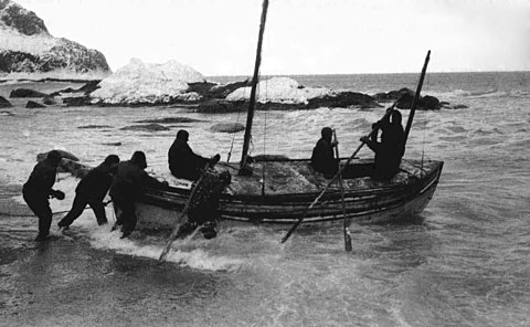 Ernest Shackleton and his men facing emotional fatigue as they launch the James Caird