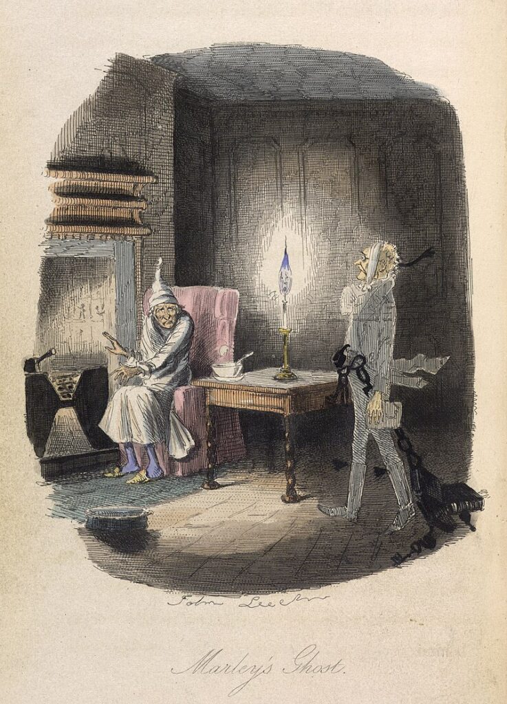 The ghosts of Christmas visit Scrooge showing the spirit of mattering