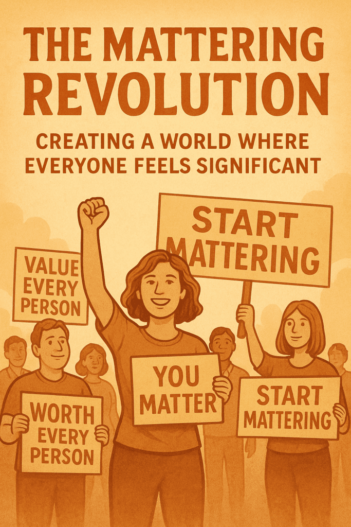 Illustration of diverse people standing together on glowing ripples of light, symbolizing the Mattering Revolution, unity, and belonging.