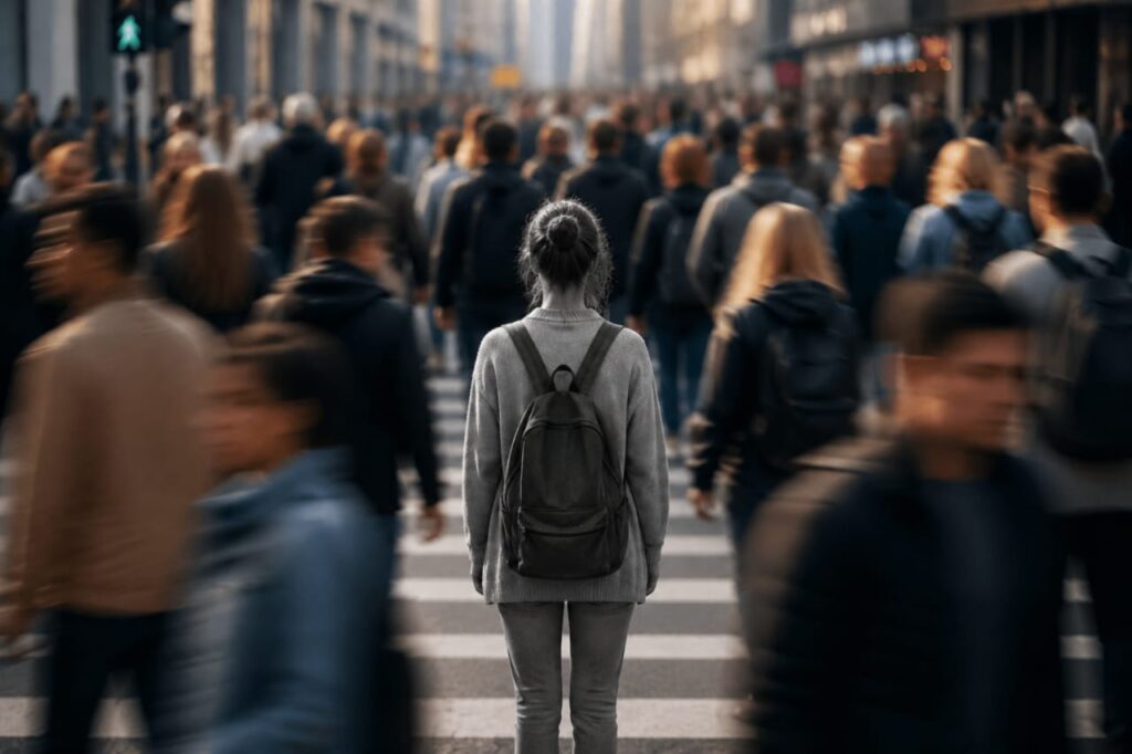 Person standing still in a busy crowd with motion blur, illustrating how the Mattering Effect contrasts with the “Great Erasure,” where individuals feel invisible and overlooked.