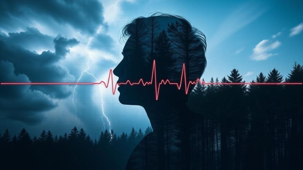 Silhouette of a person overlaid with forest and storm clouds, crossed by a red ECG line—symbolizing the body’s alarm system overpowering logic in anxiety and the Panic-Proof plan to restore nervous-system safety