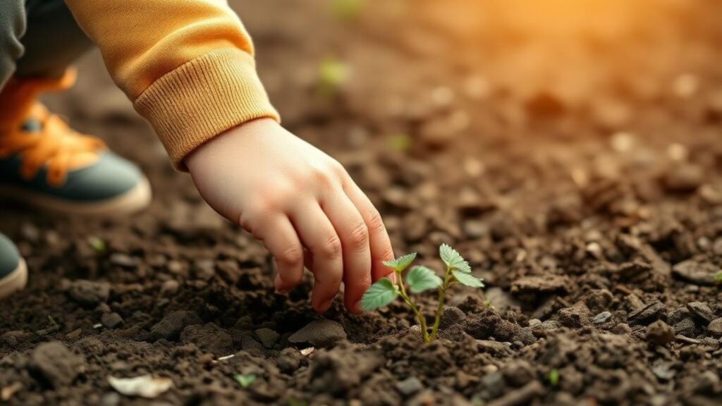 Image of a child’s hand as they plant a seed in the soil, representing the act of creating spaces where others can grow and feel safe which is a key step in how to build a sense of belonging