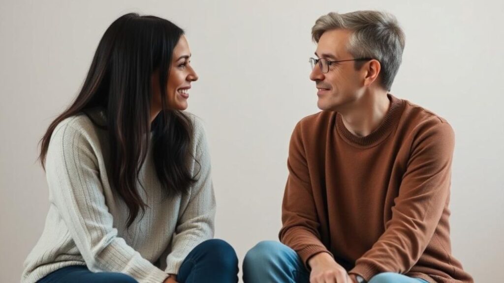Two people sitting face-to-face, one listening attentively with a warm expression, representing empathy as the bridge to learning how to build a sense of belonging.