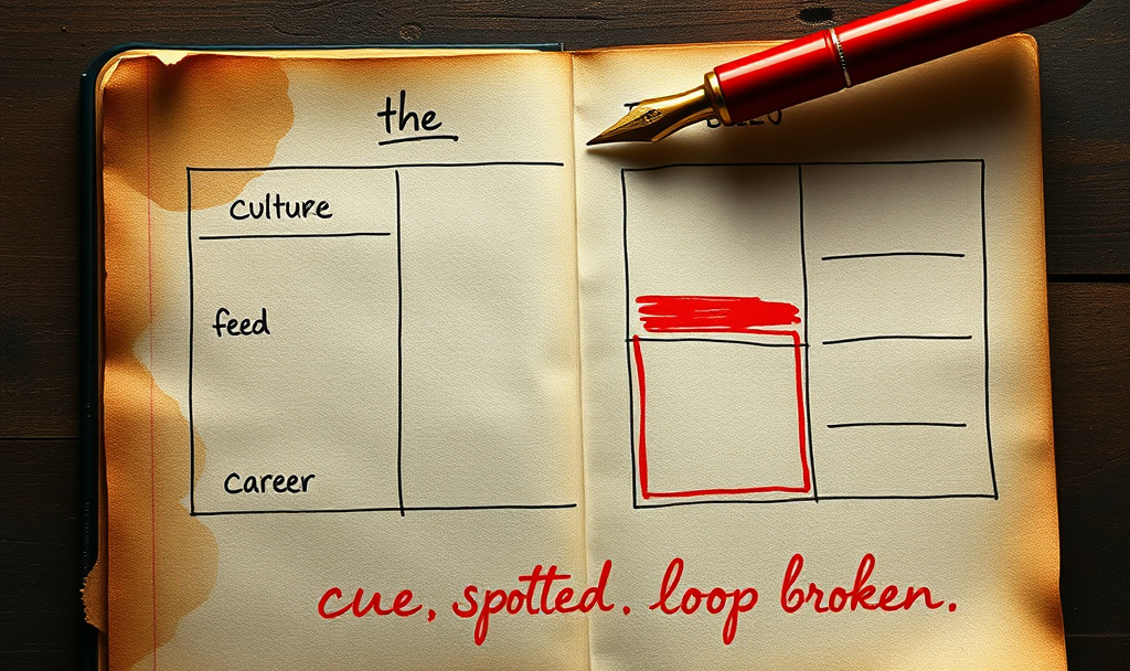 Rewrite Your Life Story: Break Free from the Hidden Scripts of Culture, Work, and Media 2 A coffee-stained notebook with torn cue cards labeled CULTURE, FEED, CAREER. A red pen pins them down as blank cards fill with new red ink: "Cue spotted. Loop broken." A visual loop about how to rewrite your life story
