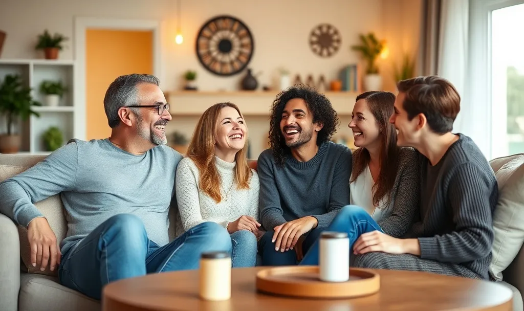 A diverse group of five friends sitting closely together on a cozy living room couch, laughing joyfully and sharing a warm, connected moment around a coffee table demonstrating relational mattering and being present.