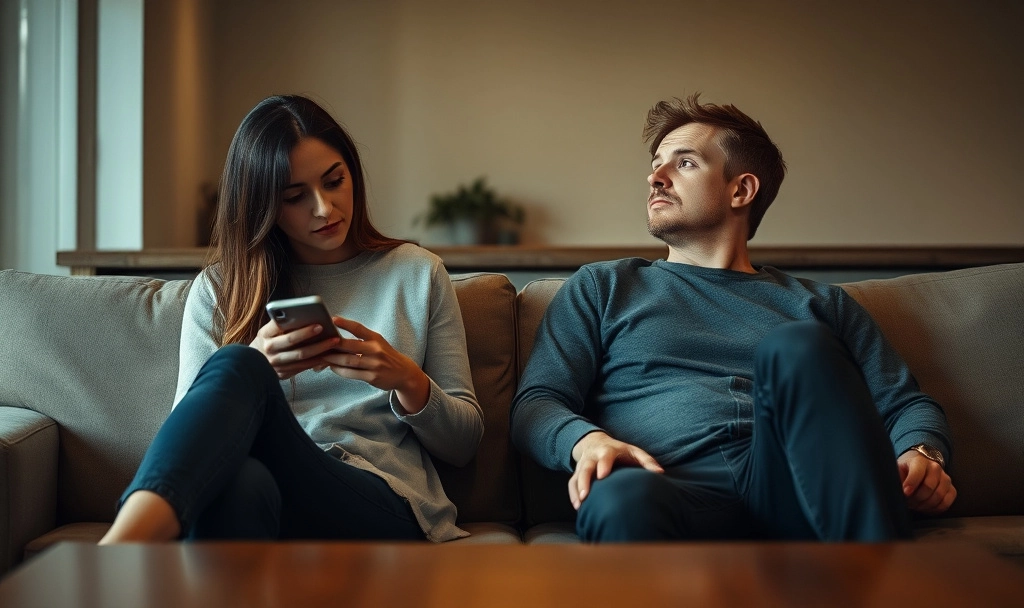 Two people sitting at the same table or couch, physically close but emotionally distant. One is engaged with a phone. The other looks away, reflective demonstrating what happens when relational mattering breaks down
