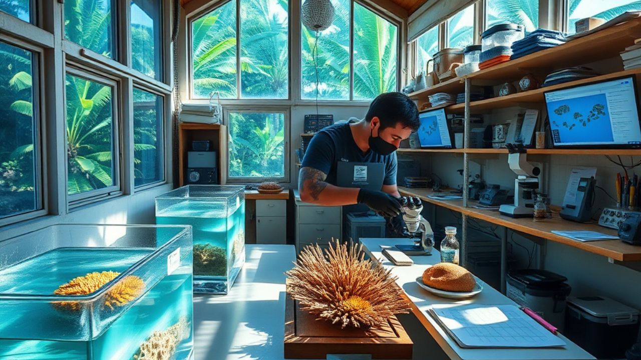 The solutions mindset in action. Natural tropical light floods through large windows or open sides, revealing a functional yet inspiring room filled with scientific equipment and man sitting at a table.