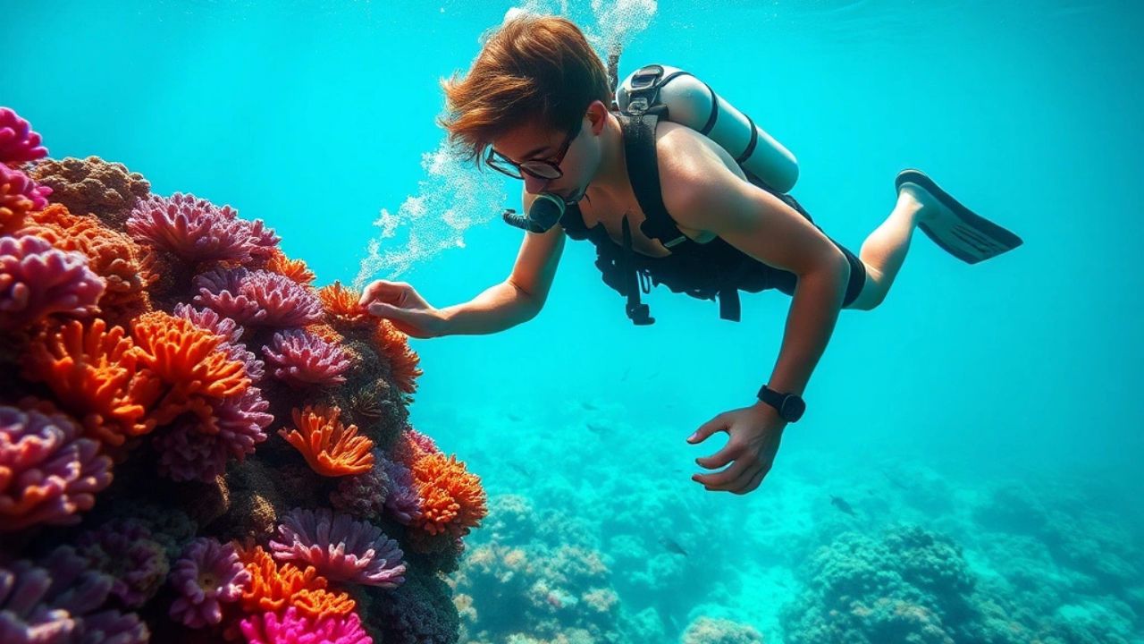 A young diver (representing Titouan Bernicot in his early days) hovers gracefully in crystal-clear turquoise water over a vibrant, restored coral reef. He gently attaches a small coral fragment to a nursery structure, bubbles trailing from his regulator as sunlight pierces the surface above, creating shafts of light that illuminate the colorful corals below—shades of purple, orange, pink, and green teeming with small fish. This is the solution mindset in action