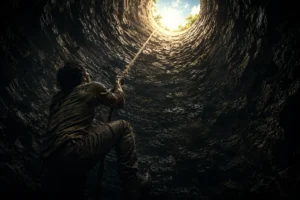 Image of a man using a rope to climb out of pit representing how to break free from Eulogy Virtues