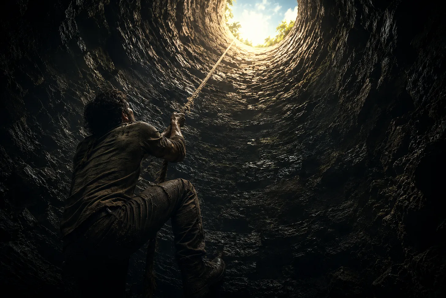 Image of a man using a rope to climb out of pit representing how to break free from Eulogy Virtues