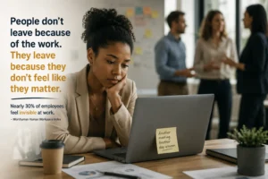 A thoughtful employee sits alone at her desk, looking down at her laptop while coworkers converse in the blurred background, illustrating the experience of feeling invisible at work despite being present and productive. The image includes the message, “People don’t leave because of the work. They leave because they don’t feel like they matter,” along with a statistic that nearly 30 percent of employees feel unseen in the workplace, reinforcing themes of recognition, belonging, and the importance of mattering at work.