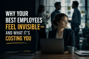 A professional woman sits alone at her desk in a dimly lit office while coworkers converse in the blurred background, illustrating the experience of feeling invisible at work despite high performance and dedication. Bold text reads, “Why Your Best Employees Feel Invisible — And What It’s Costing You,” reflecting themes of workplace mattering, recognition, and the hidden costs of employee disengagement.