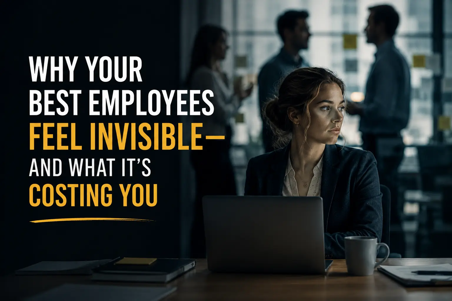 A professional woman sits alone at her desk in a dimly lit office while coworkers converse in the blurred background, illustrating the experience of feeling invisible at work despite high performance and dedication. Bold text reads, “Why Your Best Employees Feel Invisible — And What It’s Costing You,” reflecting themes of workplace mattering, recognition, and the hidden costs of employee disengagement.