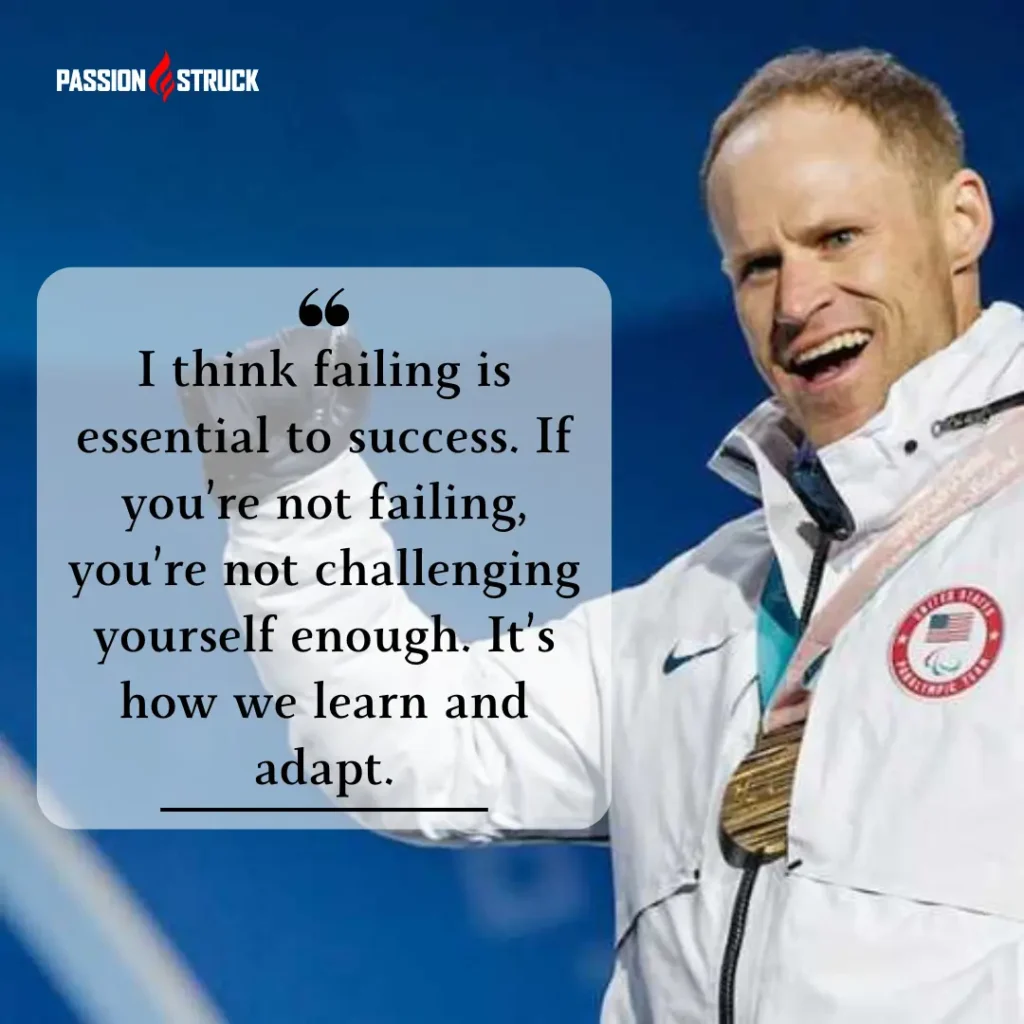 3 Questions for Finding Deep Meaning 1 Retired Navy SEAL and Paralympic gold medalist Dan Cnossen smiles while wearing his Team USA jacket and medal. An overlaid quote reads, “I think failing is essential to success. If you’re not failing, you’re not challenging yourself enough. It’s how we learn and adapt.” The image reinforces the themes of resilience, radical acceptance, and finding deeper meaning by embracing life's challenges rather than postponing our presence within them.