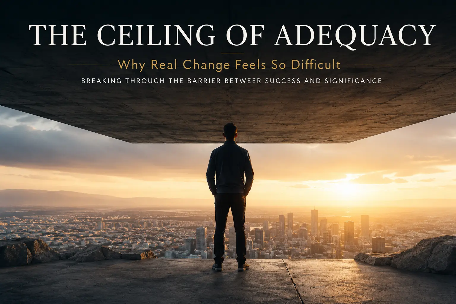 Illustration of a person standing beneath a low concrete ceiling above a city skyline, representing the Ceiling of Adequacy and the challenge of breaking through comfortable success to achieve greater purpose.