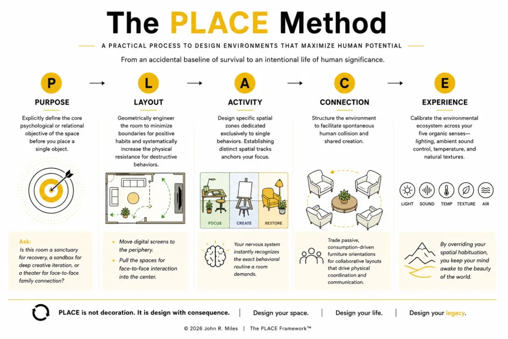 The PLACE Method framework by John R. Miles showing five principles—Purpose, Layout, Activity, Connection, and Experience—for designing homes, workplaces, and communities that support human flourishing, stronger relationships, and intentional living.