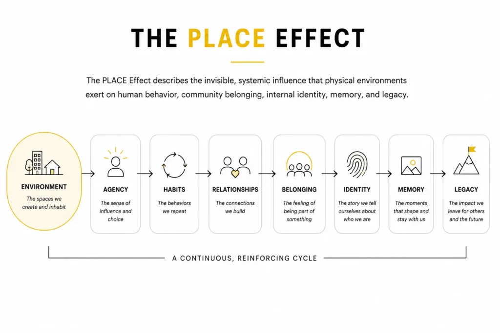 The PLACE Effect infographic showing how physical environments influence agency, habits, relationships, belonging, identity, memory, and legacy as a framework for human flourishing.