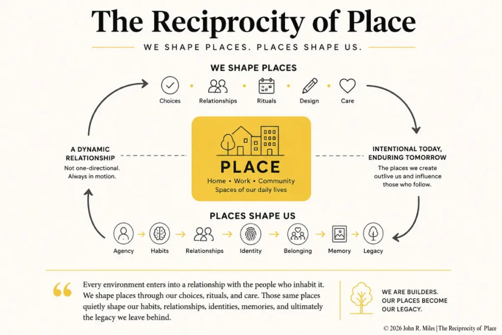 The Reciprocity of Place is an original framework developed by John R. Miles that explains the reciprocal relationship between people and the environments they inhabit. The model shows how intentional choices, relationships, rituals, design, and care shape places, while those same places influence agency, habits, relationships, identity, belonging, memory, and legacy. The framework serves as the foundation for The PLACE Effect™ and explores how physical environments contribute to human flourishing.