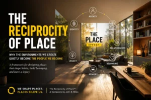 The Reciprocity of Place and The PLACE Effect framework by John R. Miles illustrating how intentional environmental design influences agency, habits, relationships, belonging, identity, memory, legacy, and human flourishing through the reciprocal relationship between people and place.