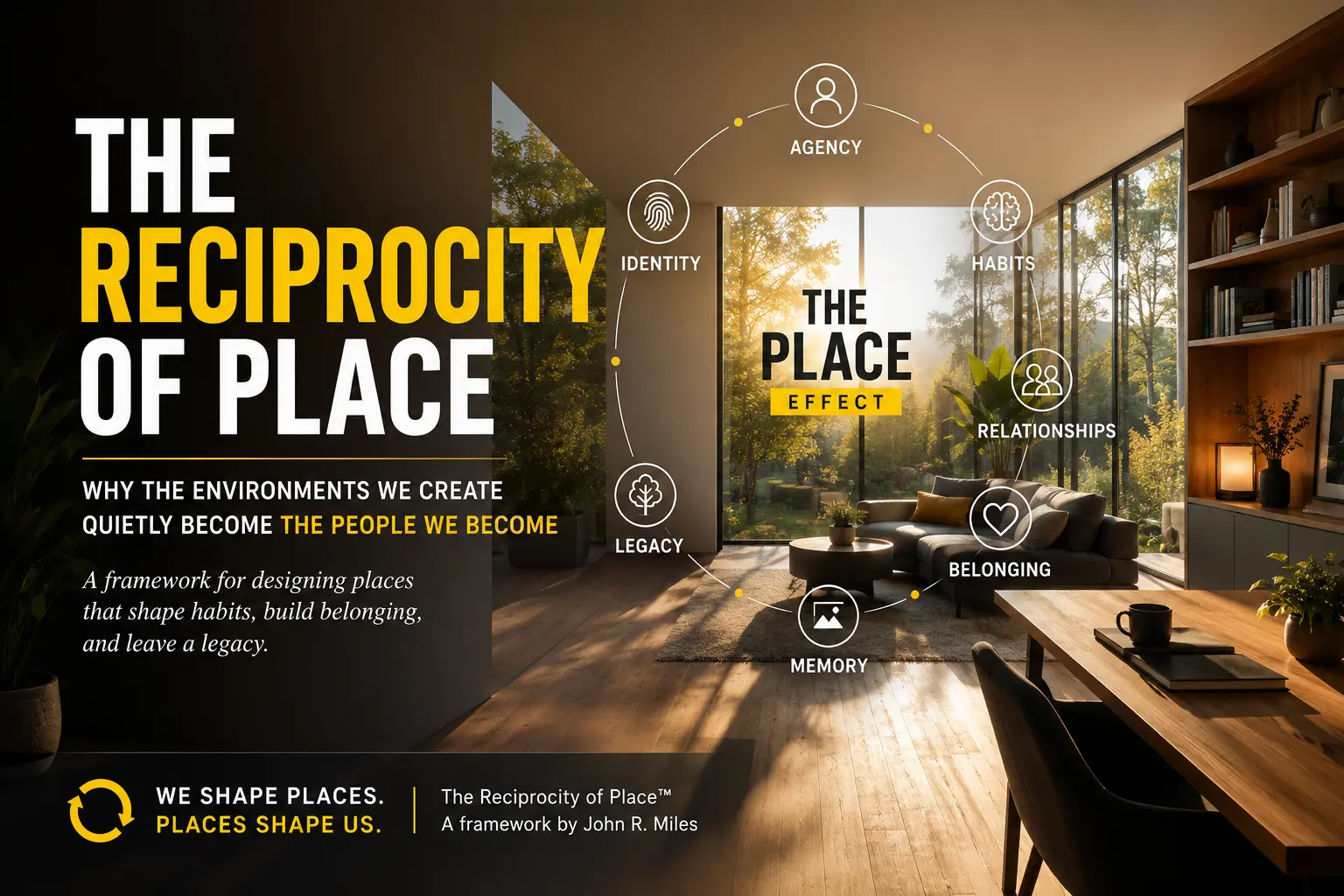 The Reciprocity of Place and The PLACE Effect framework by John R. Miles illustrating how intentional environmental design influences agency, habits, relationships, belonging, identity, memory, legacy, and human flourishing through the reciprocal relationship between people and place.