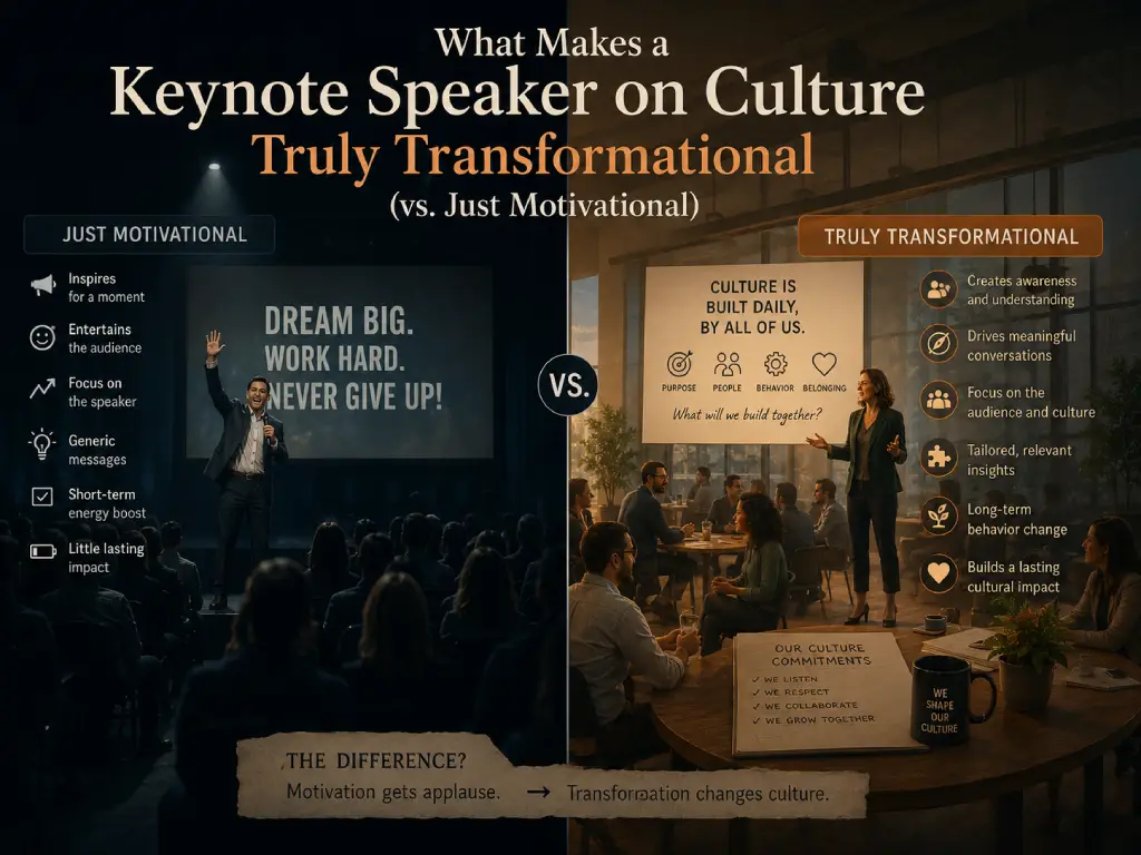 A presentation-style infographic titled “Keynote Speaker on Culture: Truly Transformational or Just Motivational?” compares two approaches to corporate keynote speaking. One side highlights inspiration and short-term motivation, while the other emphasizes research-backed frameworks, behavioral change, and lasting organizational impact. The graphic illustrates how choosing the right keynote speaker on leadership and culture can help organizations create meaningful, measurable change rather than a temporary boost in enthusiasm.