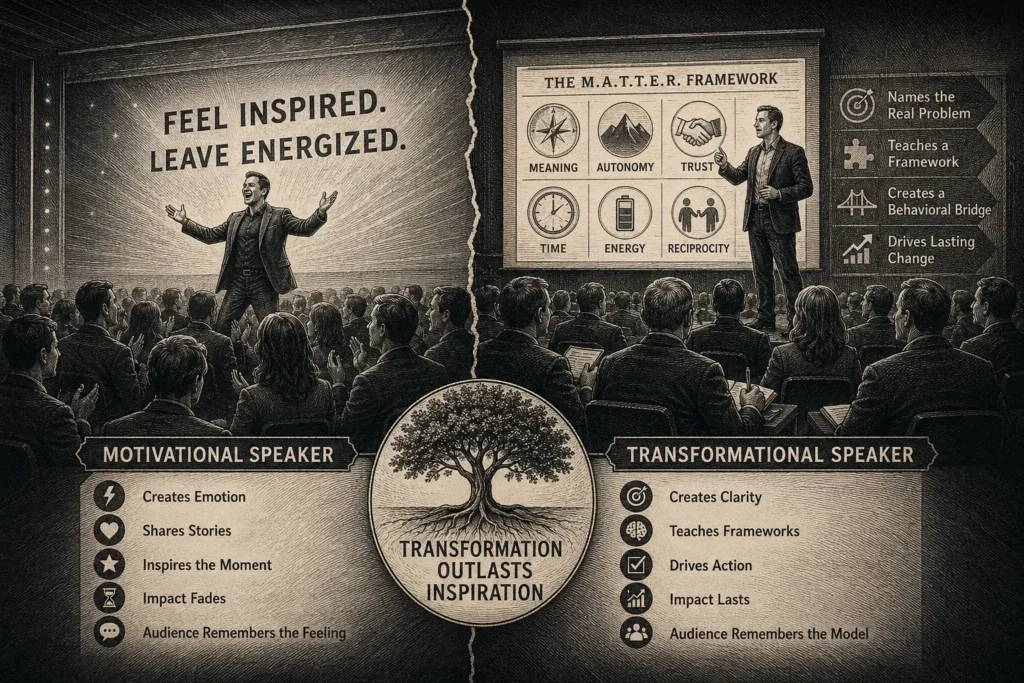 How to Choose a Keynote Speaker on Culture: Transformational vs. Motivational 1 A vintage-style engraved infographic compares a motivational speaker with a transformational keynote speaker on culture, illustrating how transformational speakers create lasting behavioral change through research-backed frameworks, audience-specific insights, and practical leadership tools. The graphic emphasizes that while motivation inspires people in the moment, transformational keynote speakers on culture equip organizations with models that improve leadership, strengthen workplace culture, and create measurable, long-term impact.