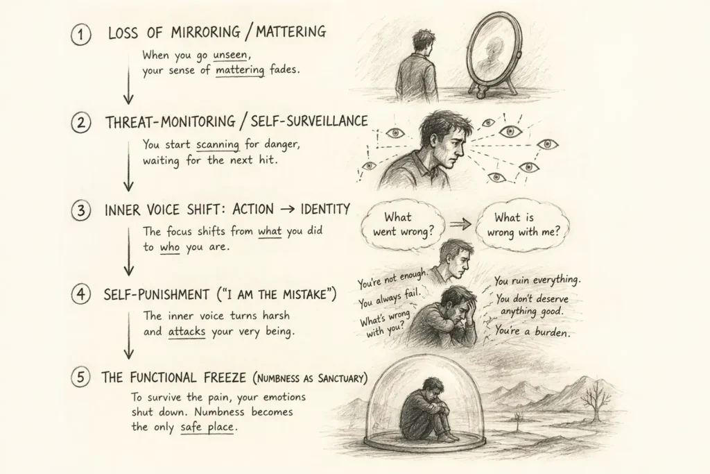 The Functional Freeze: How the Punitive Inner Voice Hardens Identity 1 Hand-drawn pencil-style infographic illustrating the five-stage progression into the Functional Freeze. The sequence begins with loss of mirroring and mattering, moves through threat-monitoring and self-surveillance, shifts from self-correction to identity-based self-judgment, escalates into self-punishment ("I am the mistake"), and culminates in the Functional Freeze, where emotional numbness becomes a protective sanctuary. Sketches of a solitary figure visually represent each stage of increasing emotional isolation.