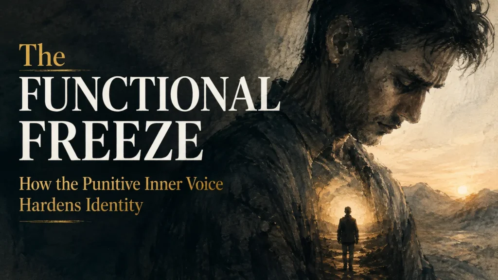 Editorial-style illustration of a solitary man looking downward, his chest opening into a glowing landscape where a lone figure walks toward the horizon. Large text reads "The Functional Freeze: How the Punitive Inner Voice Hardens Identity." The image symbolizes the contrast between outward achievement and inner emotional numbness, illustrating the hidden psychological cost of a harsh inner critic.