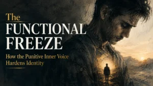 Editorial-style illustration of a solitary man looking downward, his chest opening into a glowing landscape where a lone figure walks toward the horizon. Large text reads "The Functional Freeze: How the Punitive Inner Voice Hardens Identity." The image symbolizes the contrast between outward achievement and inner emotional numbness, illustrating the hidden psychological cost of a harsh inner critic.