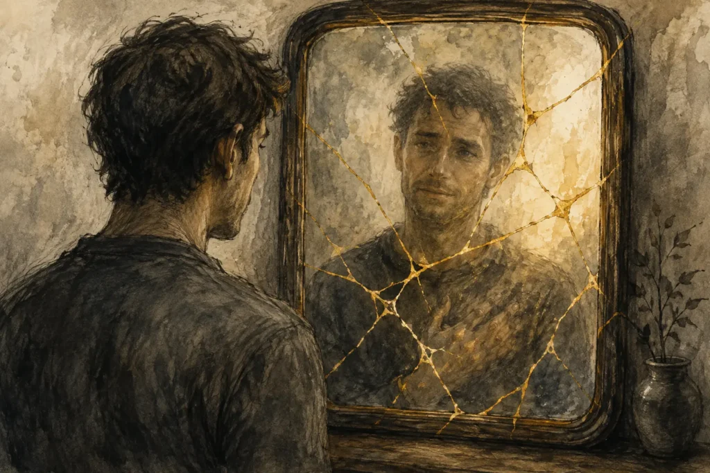 The Functional Freeze: How the Punitive Inner Voice Hardens Identity 2 Hand-drawn charcoal and watercolor illustration of a solitary man standing before an antique mirror. While the man appears weary from behind, the reflection gradually reveals a calmer, more compassionate version of himself. Delicate gold kintsugi lines repair cracks across the mirror, symbolizing healing through self-compassion and the transformation of emotional wounds rather than their erasure.